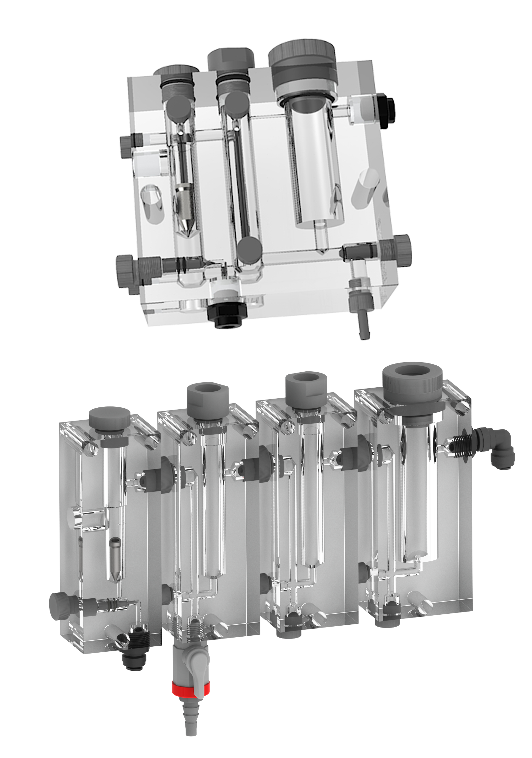 Chambre de mesure modulaire ou monobloc PMMA : temperature, chlore, pH, redox, débit